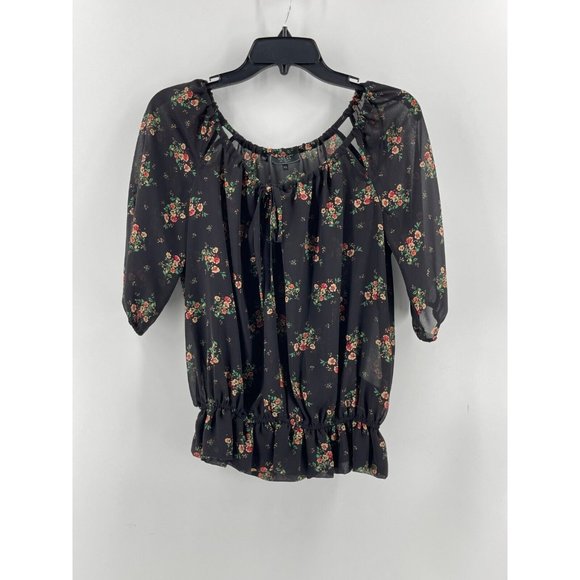 Guess Women's Sheer Short Sleeve Black Floral Peasant Boho Top Blouse Size XS - Picture 2 of 15